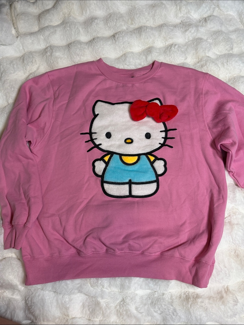 Hello Kitty Pink Crewneck Sweater with Blue Outfit and Red Bow